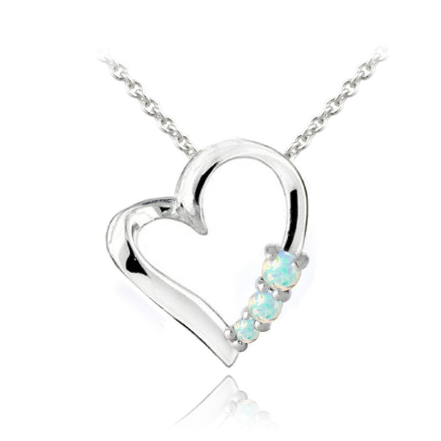 Sterling Silver Created White Opal Three Stone Floating Heart Necklace