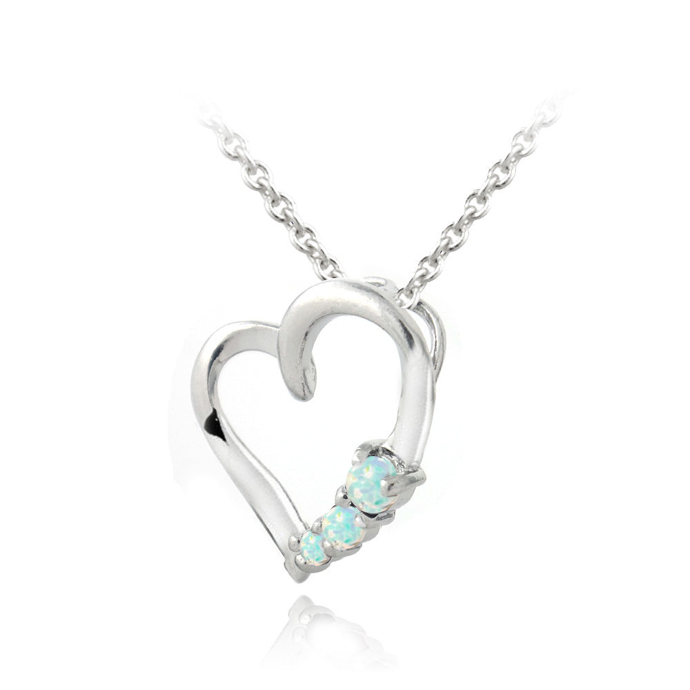 Sterling Silver Created White Opal Three Stone Floating Heart Necklace-2