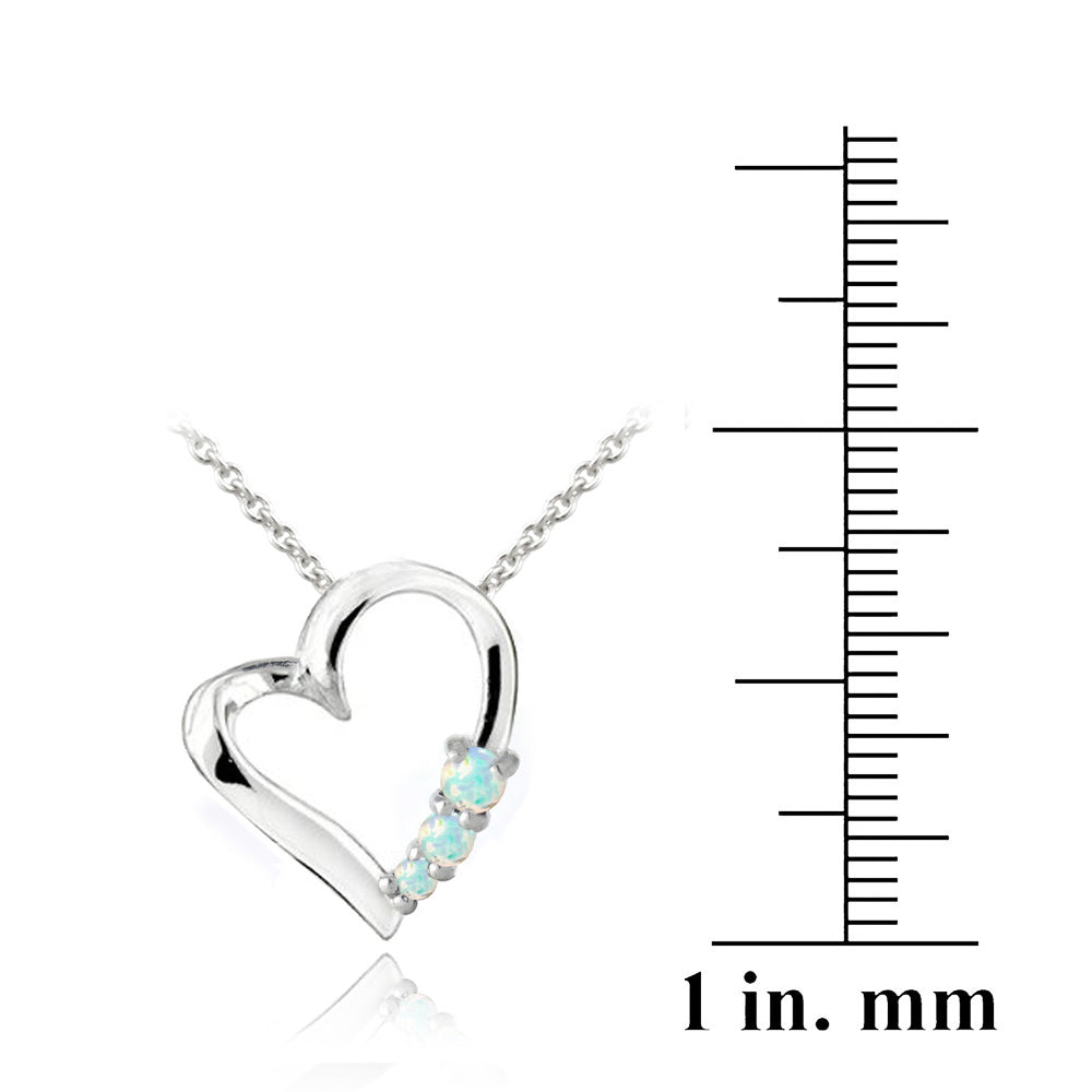 Sterling Silver Created White Opal Three Stone Floating Heart Necklace-3
