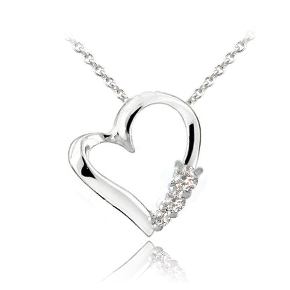 Sterling Silver CZ Three Stone Floating Heart Necklace