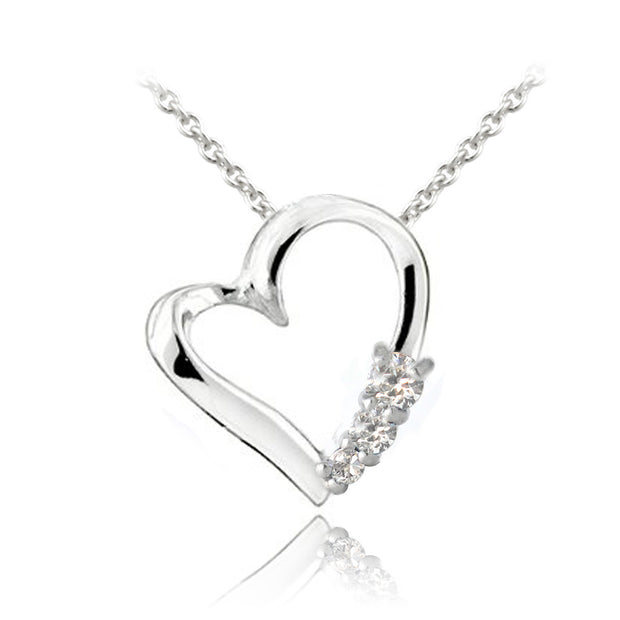 Sterling Silver CZ Three Stone Floating Heart Necklace