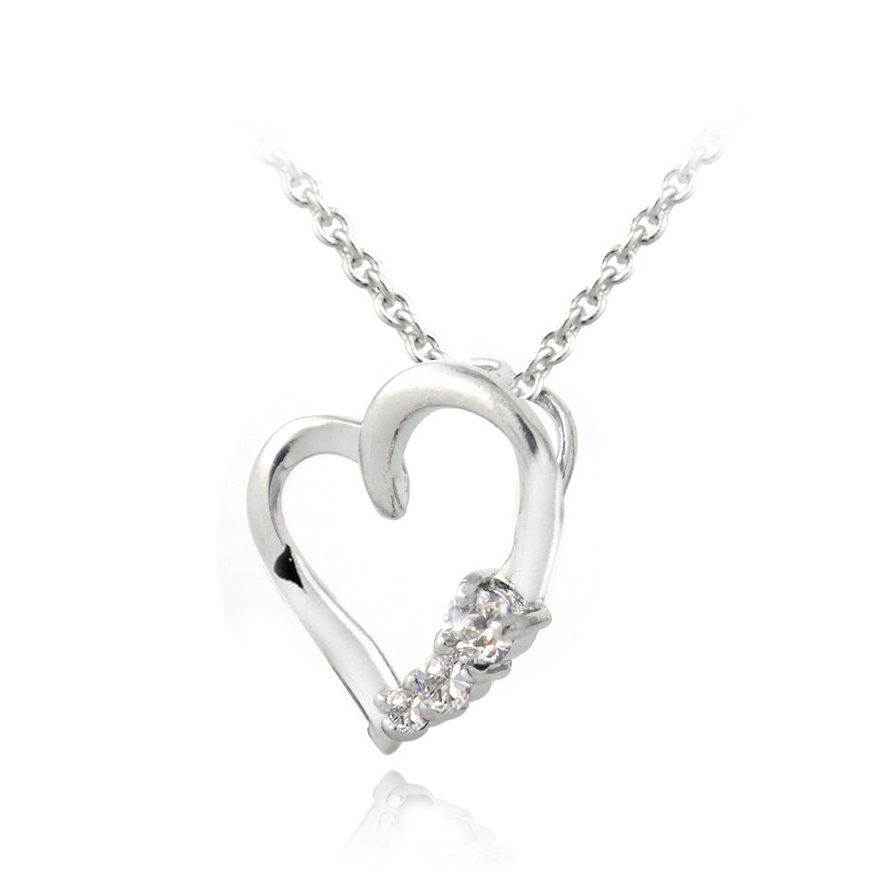 Sterling Silver CZ Three Stone Floating Heart Necklace-2