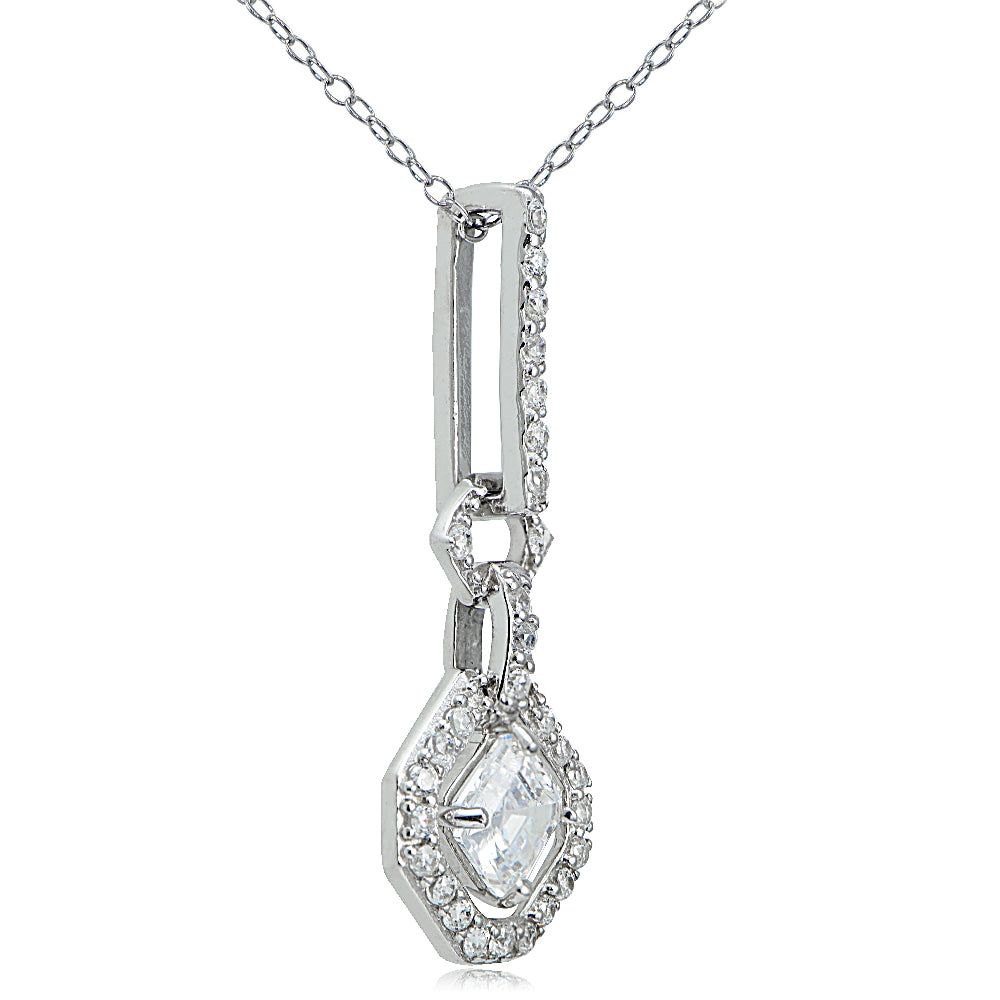 Sterling Silver Asscher-Cut Cubic Zirconia Octagon Drop Necklace-2