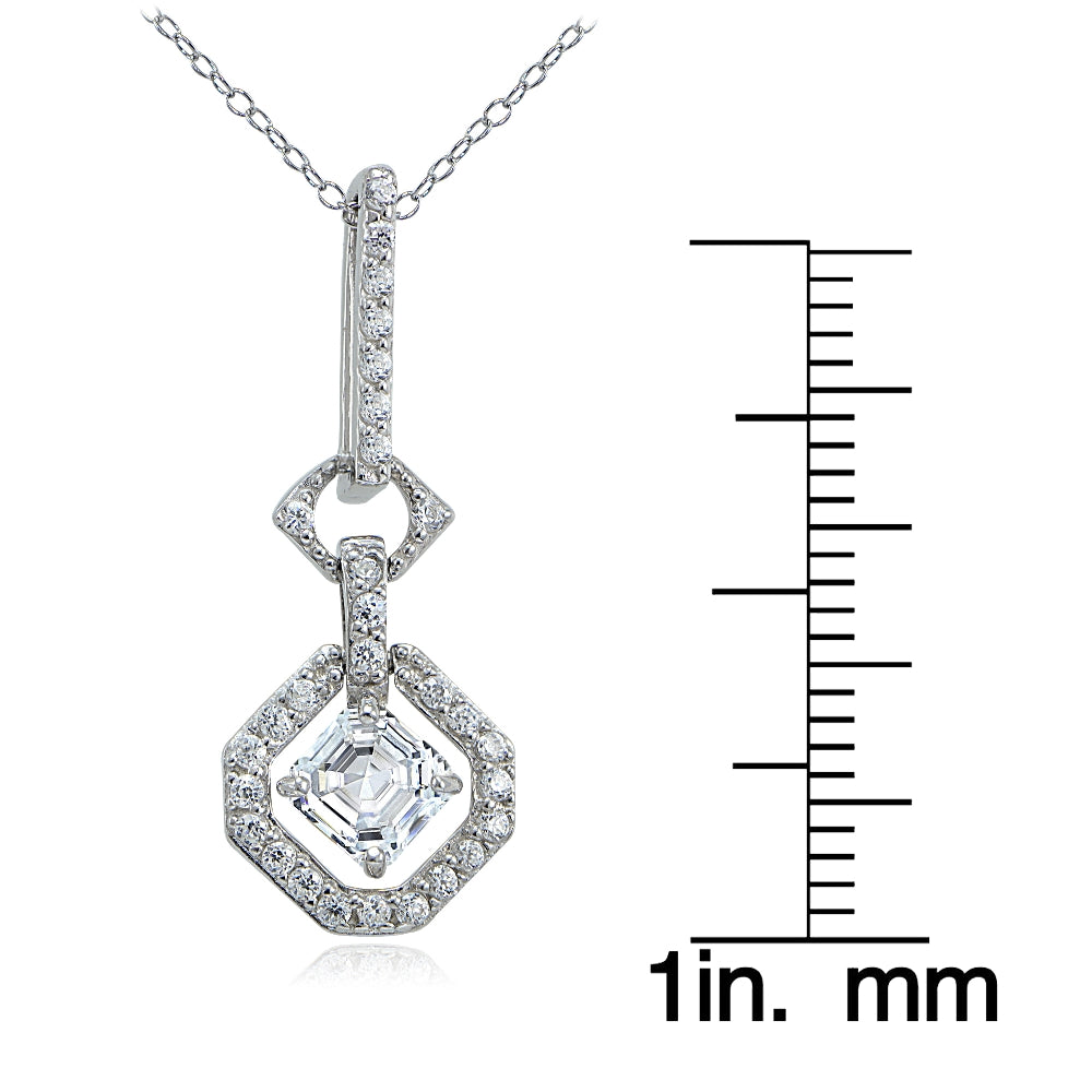 Sterling Silver Asscher-Cut Cubic Zirconia Octagon Drop Necklace-3