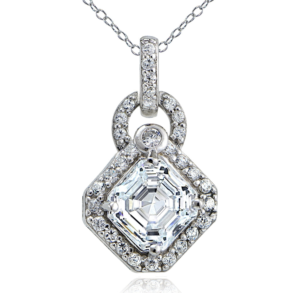 Sterling Silver Asscher Cut CZ Geometric Dangle Necklace