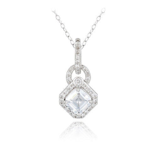 Sterling Silver Asscher Cut CZ Geometric Dangle Necklace-3