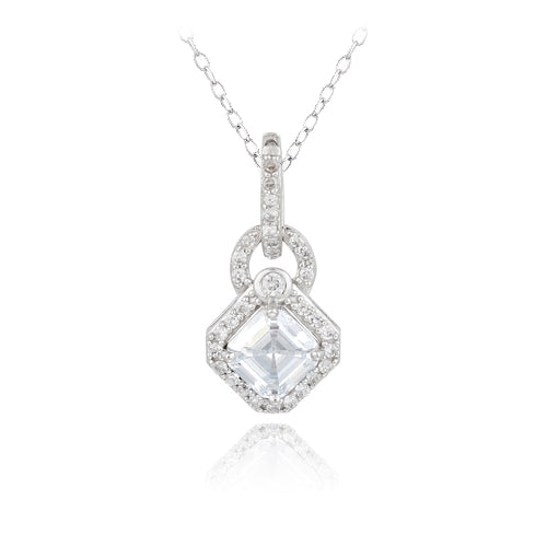 Sterling Silver Asscher Cut CZ Geometric Dangle Necklace-4