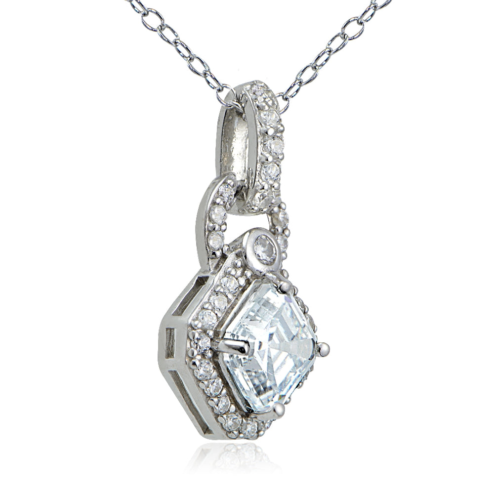 Sterling Silver Asscher Cut CZ Geometric Dangle Necklace-5