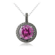 Sterling Silver 4.5ct Created Pink Sapphire & Black Diamond Accent Round Necklace