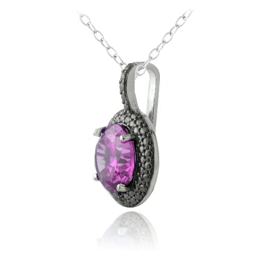 Sterling Silver 4.5ct Created Pink Sapphire & Black Diamond Accent Round Necklace
