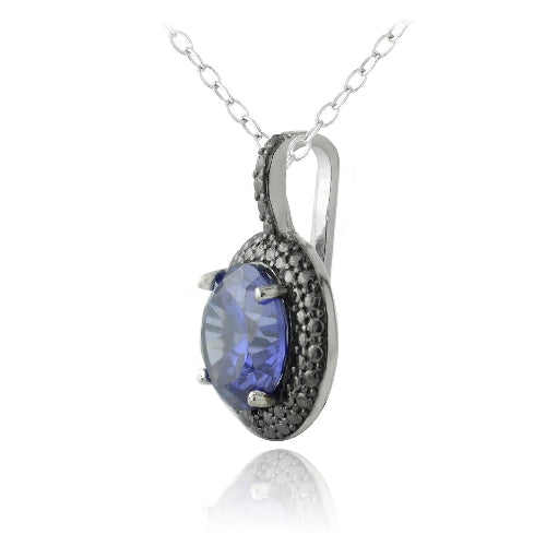 Sterling Silver 3.75ct Tanzanite CZ & Black Diamond Accent Round Necklace-2