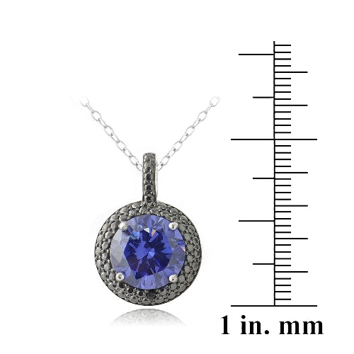 Sterling Silver 3.75ct Tanzanite CZ & Black Diamond Accent Round Necklace-3