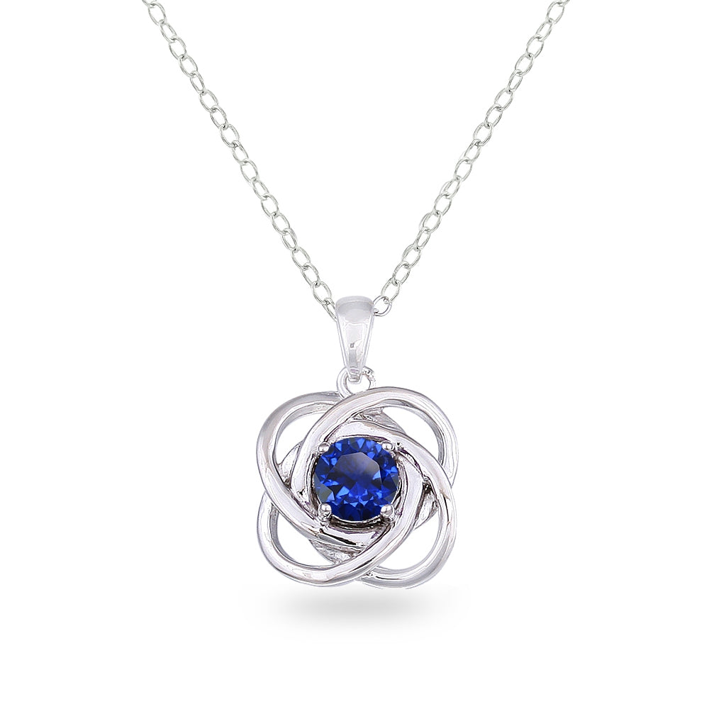 Sterling Silver Created Blue Sapphire Polished Love Knot Pendant Necklace