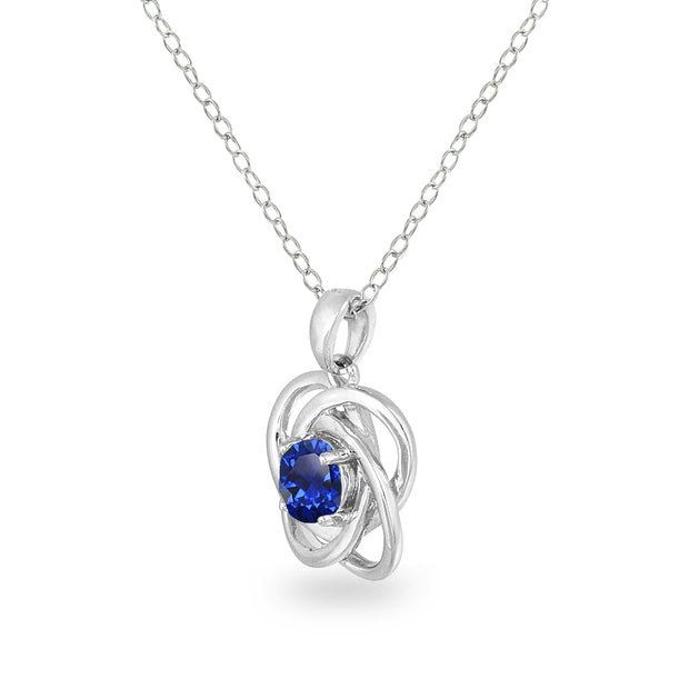 Sterling Silver Created Blue Sapphire Polished Love Knot Pendant Necklace