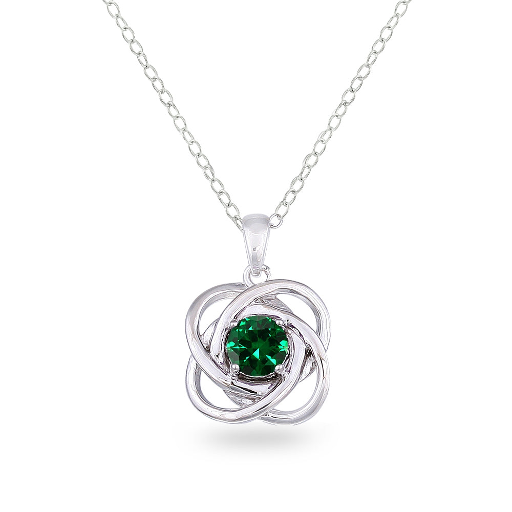Sterling Silver Simulated Emerald Polished Love Knot Pendant Necklace