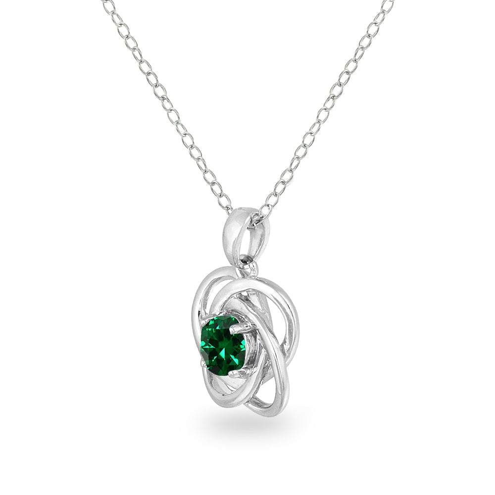 Sterling Silver Simulated Emerald Polished Love Knot Pendant Necklace-2