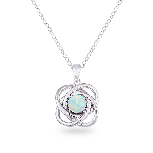 Sterling Silver Created White Opal Polished Love Knot Pendant Necklace