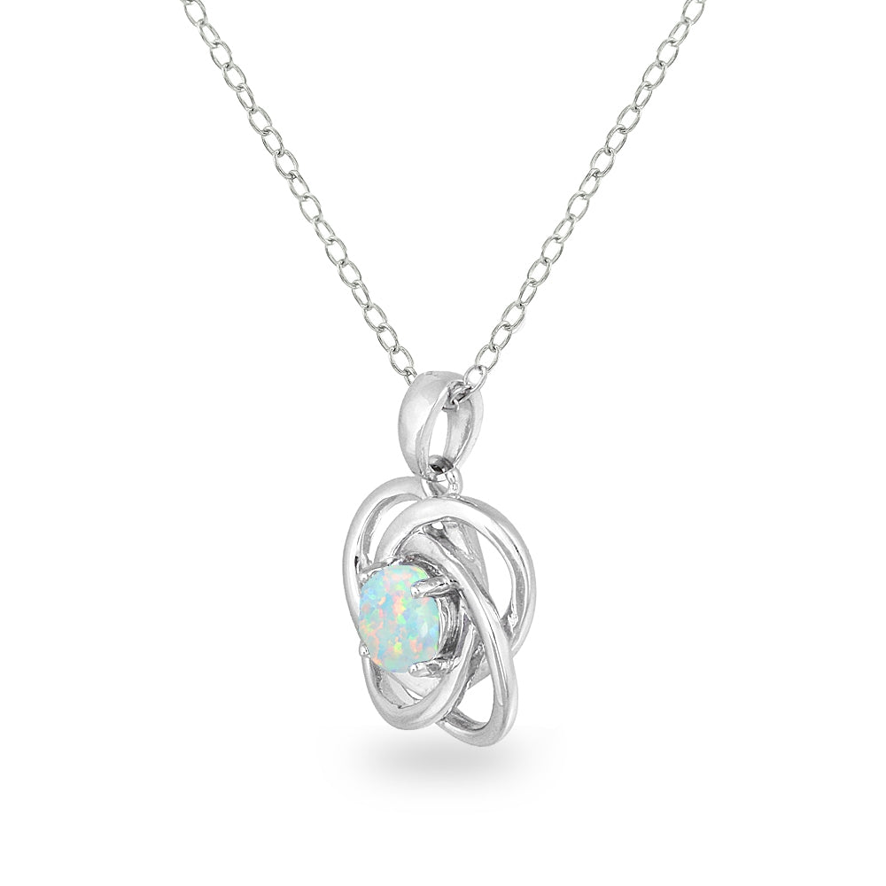 Sterling Silver Created White Opal Polished Love Knot Pendant Necklace-2