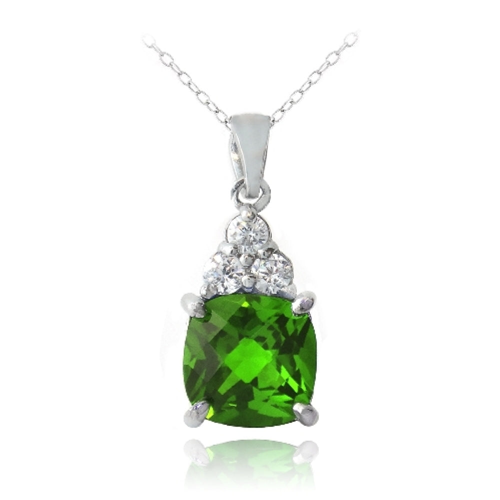 Sterling Silver 1.2ct Created Emerald & CZ Cushion Cut Necklace