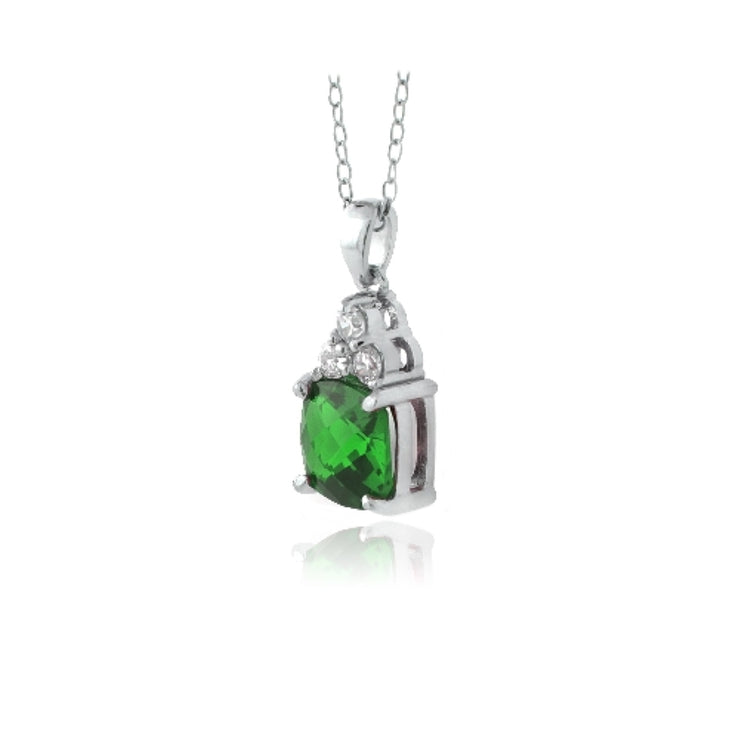 Sterling Silver 1.2ct Created Emerald & CZ Cushion Cut Necklace