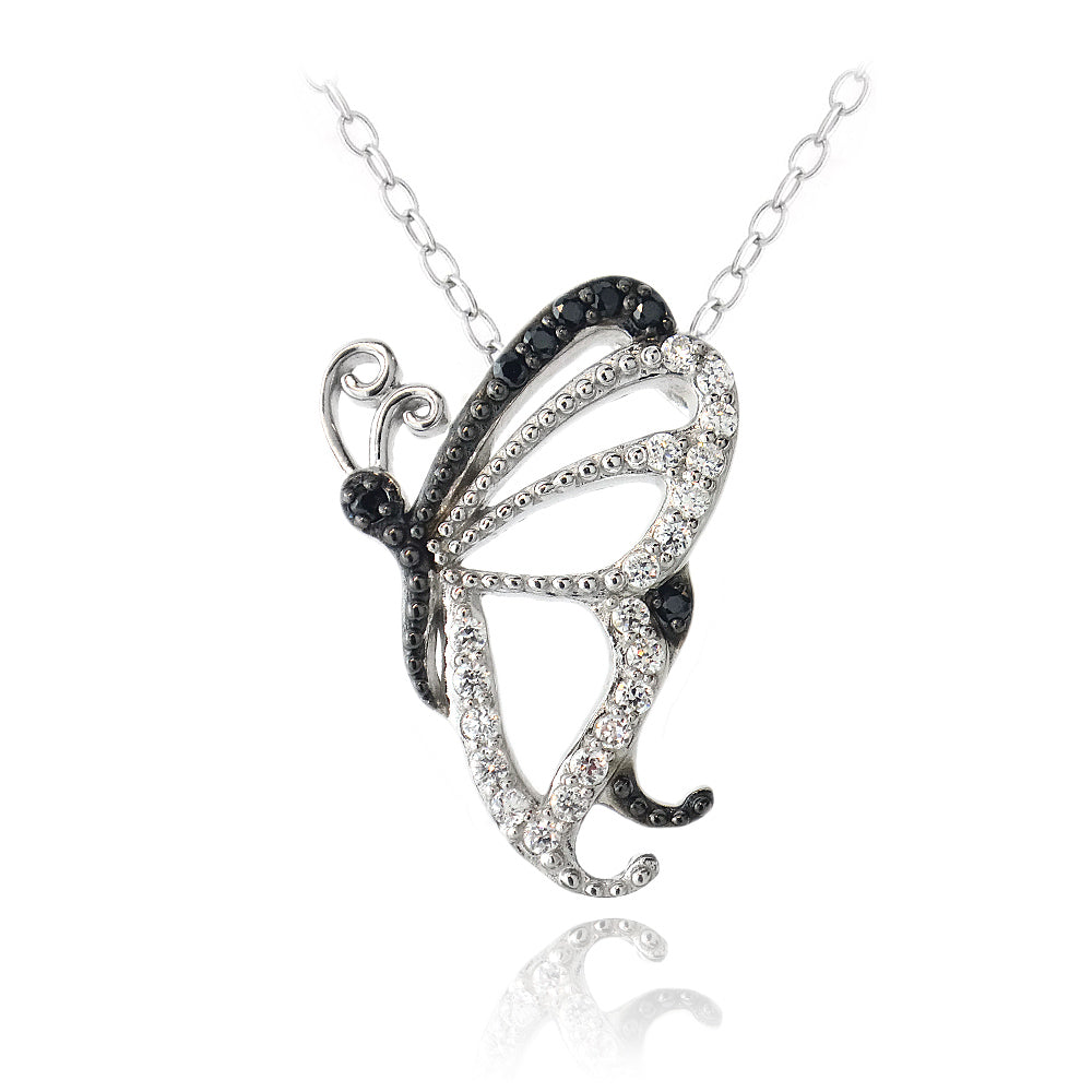 Sterling Silver Black & White CZ Butterfly Necklace