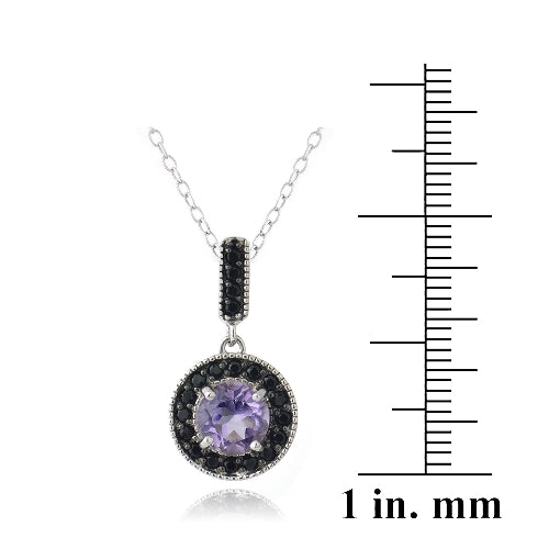 Sterling Silver 2.5ct Amethyst & Black Spinel Round Dangle Necklace