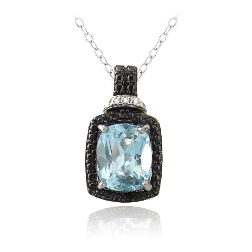Sterling Silver 4ct Blue Topaz & Black Diamond Accent Rectangle Necklace