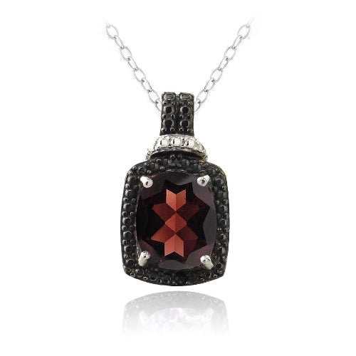 Sterling Silver 4ct Garnet & Black Diamond Accent Rectangle Necklace