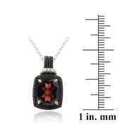 Sterling Silver 4ct Garnet & Black Diamond Accent Rectangle Necklace