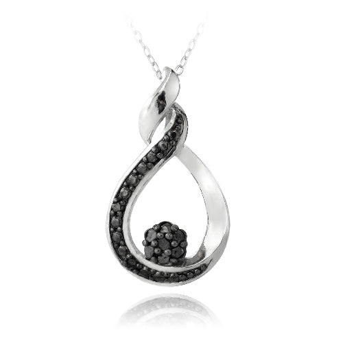 Sterling Silver 1/10ct Black Diamond Twisted Teardrop & Flower Necklace