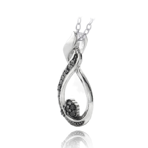 Sterling Silver 1/10ct Black Diamond Twisted Teardrop & Flower Necklace-2