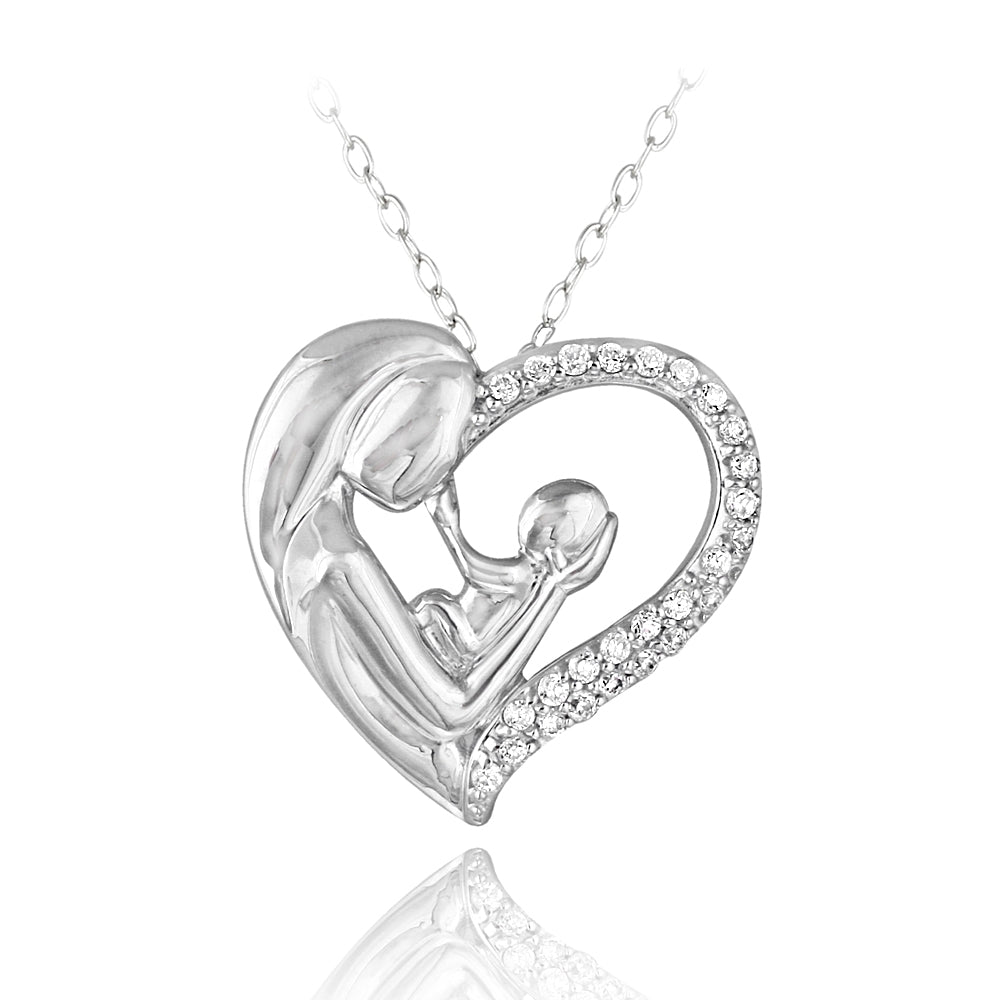 Sterling Silver CZ Mother Holding Baby Heart Necklace
