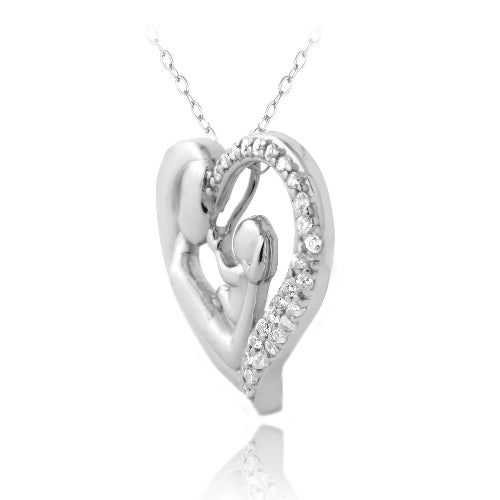 Sterling Silver CZ Mother Holding Baby Heart Necklace-2