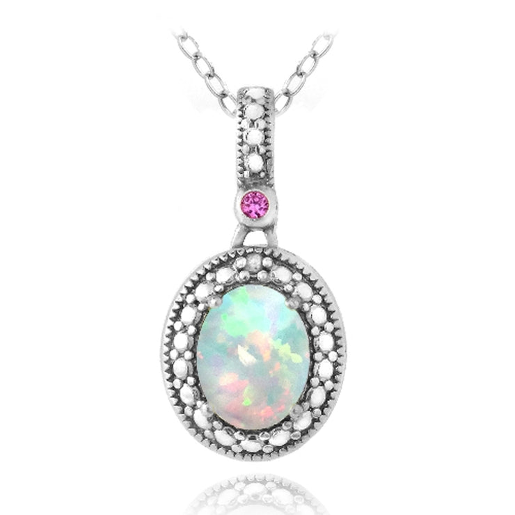 Sterling Silver Diamond Accent Created White Opal & Pink Sapphire Oval Necklace
