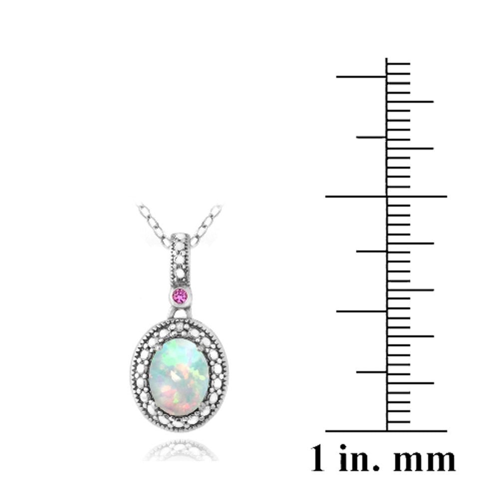Sterling Silver Diamond Accent Created White Opal & Pink Sapphire Oval Necklace-2