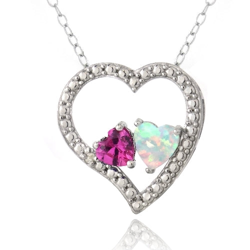 Sterling Silver Diamond Accent Created Pink Sapphire & White Opal 3 Floating Heart Necklace