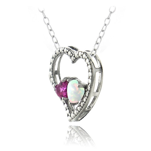 Sterling Silver Diamond Accent Created Pink Sapphire & White Opal 3 Floating Heart Necklace