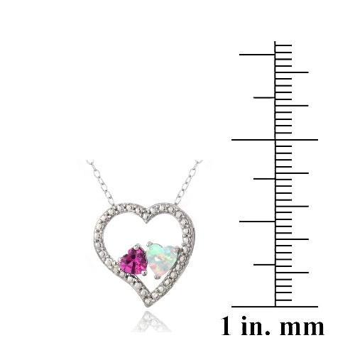 Sterling Silver Diamond Accent Created Pink Sapphire & White Opal 3 Floating Heart Necklace-3