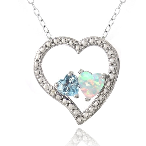 Sterling Silver Diamond Accent Blue Topaz & Created White Opal 3 Floating Heart Necklace