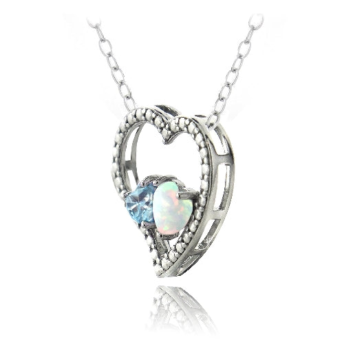 Sterling Silver Diamond Accent Blue Topaz & Created White Opal 3 Floating Heart Necklace-2