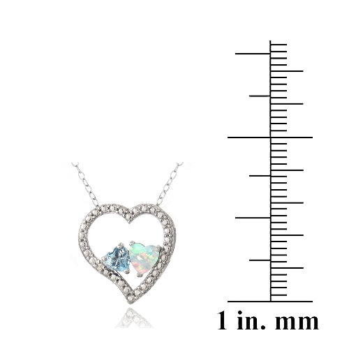 Sterling Silver Diamond Accent Blue Topaz & Created White Opal 3 Floating Heart Necklace-3