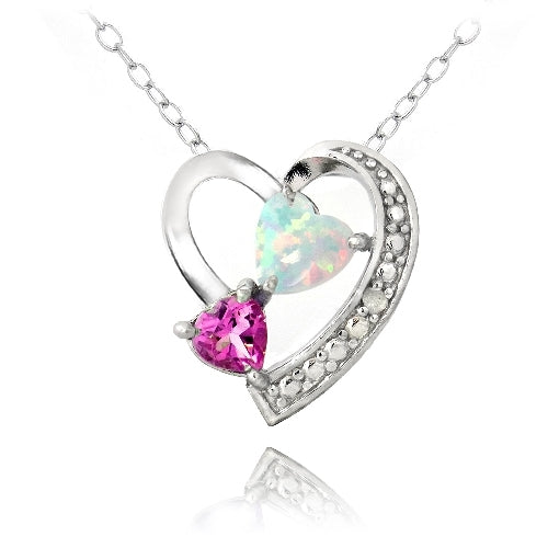 Sterling Silver Diamond Accent Created Pink Sapphire & White Opal Triple Heart Necklace-2