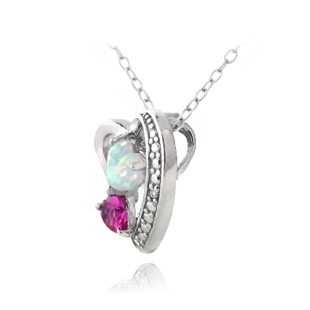 Sterling Silver Diamond Accent Created Pink Sapphire & White Opal Triple Heart Necklace-3