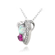 Sterling Silver Diamond Accent Created Pink Sapphire & White Opal Triple Heart Necklace