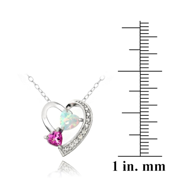 Sterling Silver Diamond Accent Created Pink Sapphire & White Opal Triple Heart Necklace