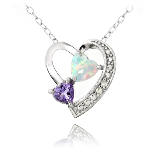 Sterling Silver Diamond Accent Amethyst & Created White Opal Triple Heart Necklace-2
