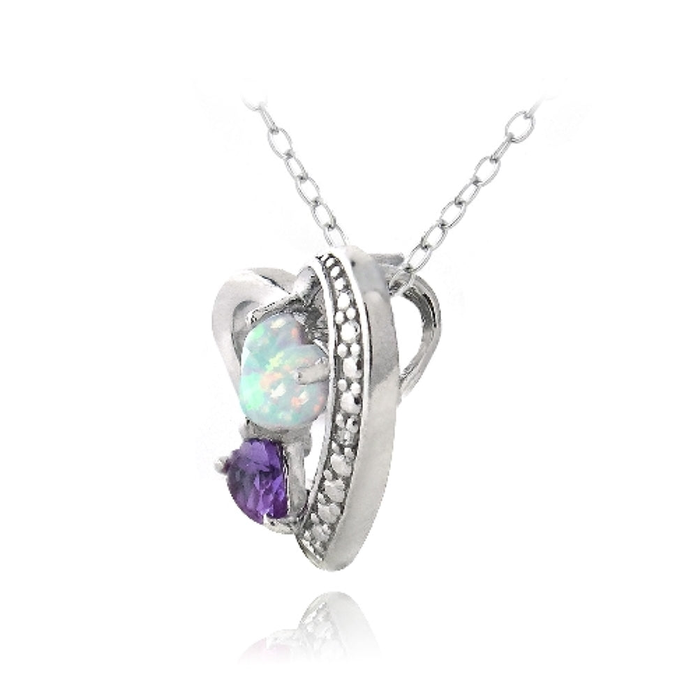 Sterling Silver Diamond Accent Amethyst & Created White Opal Triple Heart Necklace-3