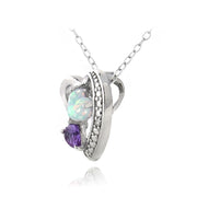 Sterling Silver Diamond Accent Amethyst & Created White Opal Triple Heart Necklace