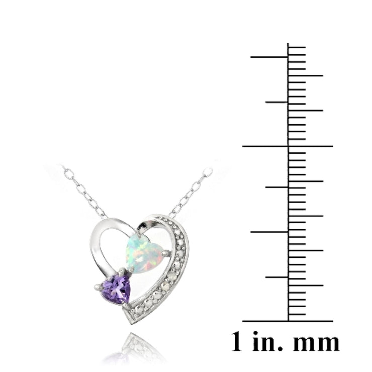 Sterling Silver Diamond Accent Amethyst & Created White Opal Triple Heart Necklace