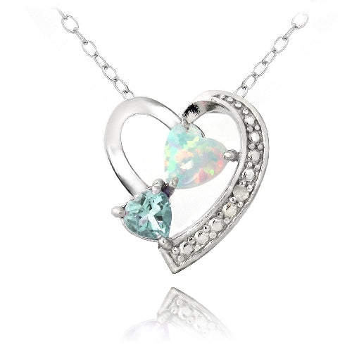 Sterling Silver Diamond Accent Blue Topaz & Created White Opal Triple Heart Necklace-2